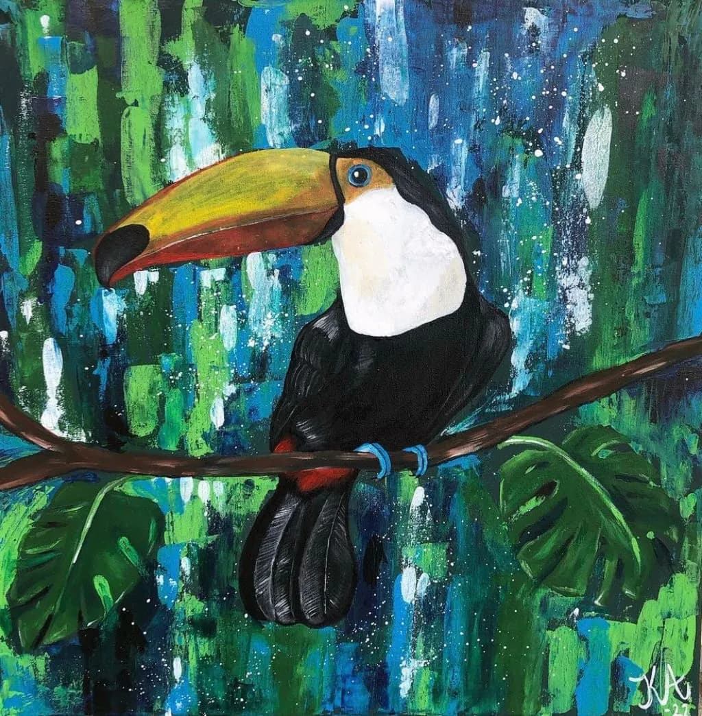 a Toucan A toucan in the djungle acrylic painting in the Animals collection by Kristina Andersson