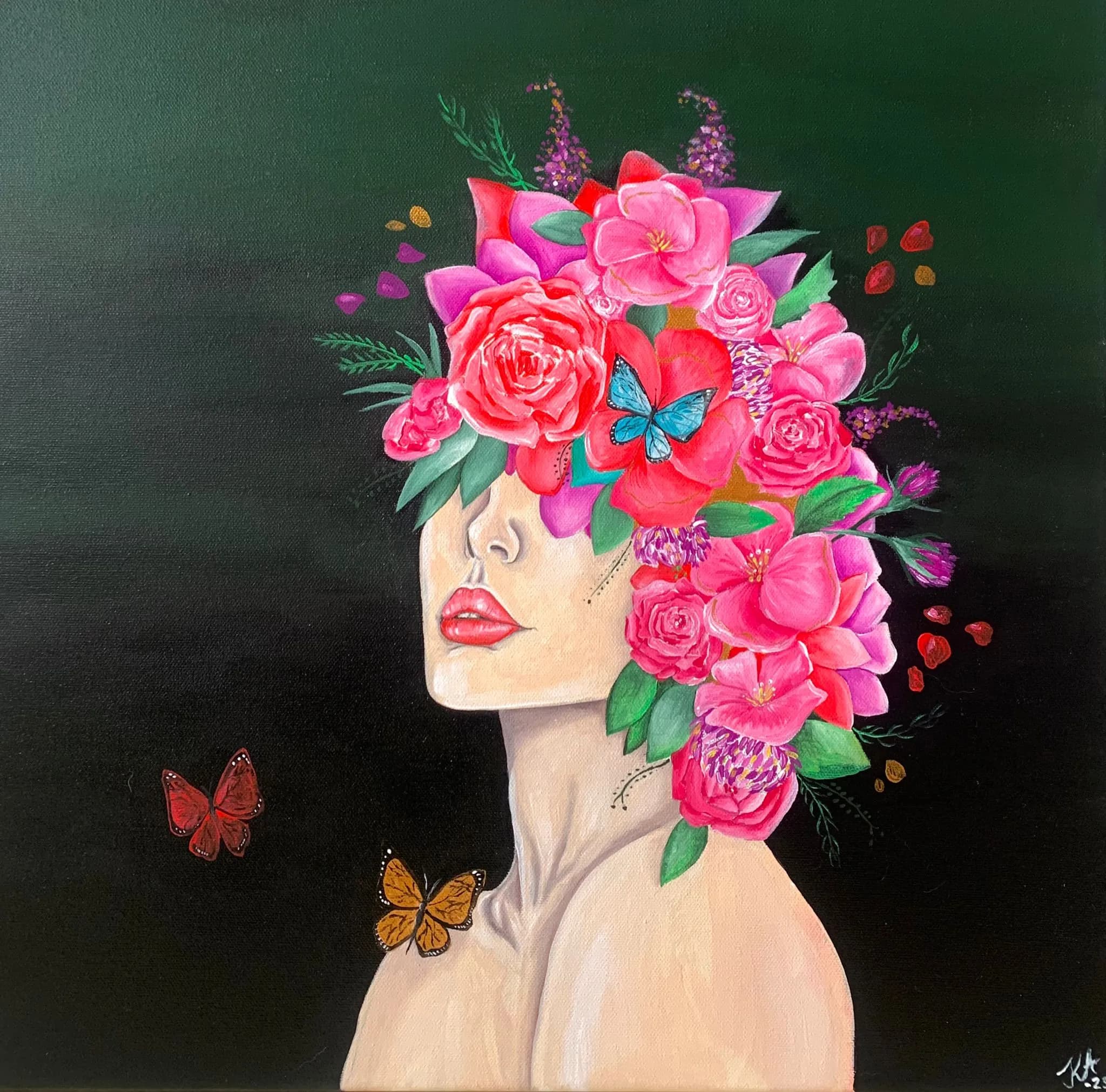 a Fiore A woman with flowers covering her head. acrylic painting in the Woman collection by Kristina Andersson