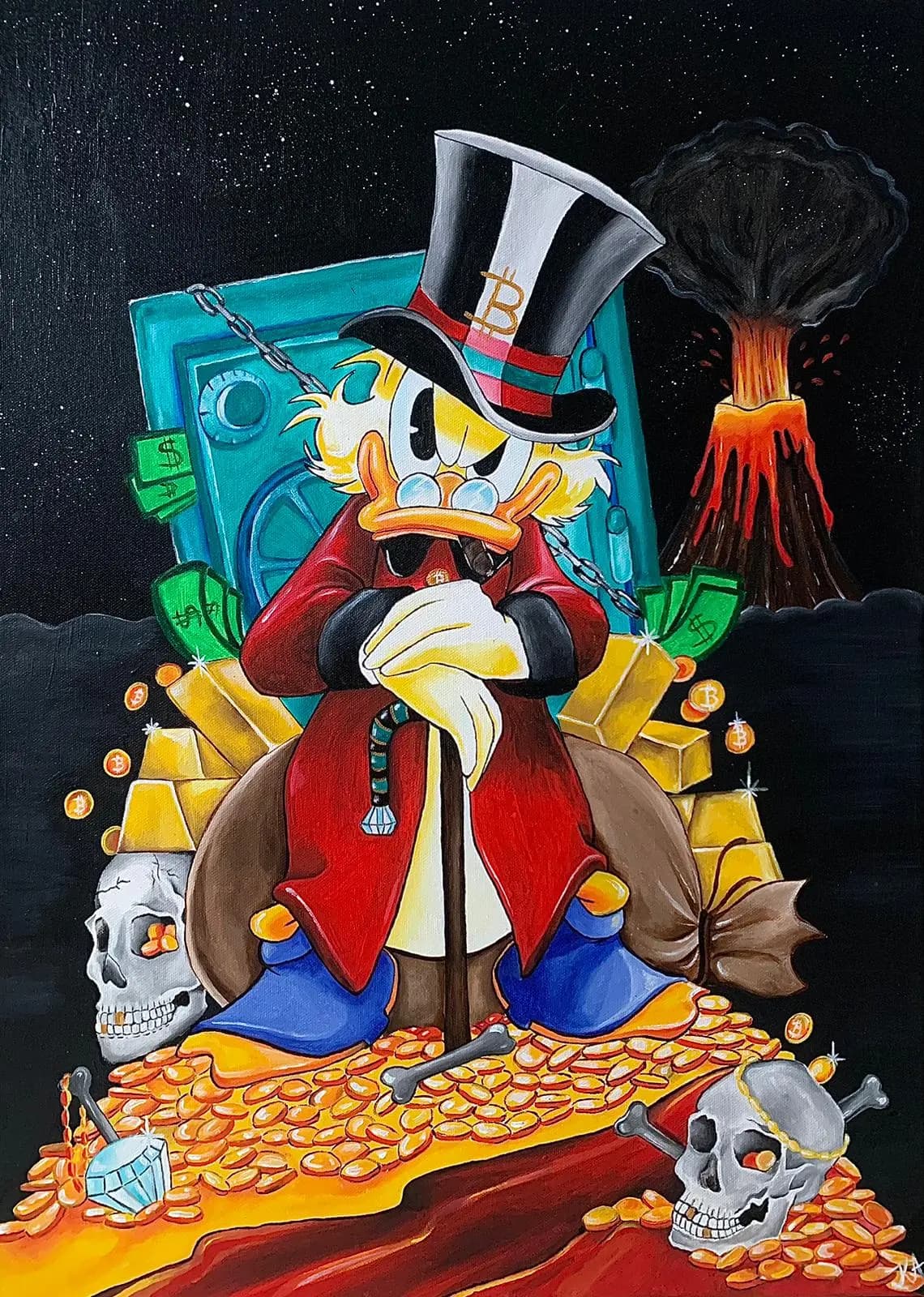 a Greed Greed is one of the seven deadly sins. Who would better represent this than Scrooge McDuck? He is a stingy bully who is willing to do anything to end on top. The greed in him has taken over his soul and all that is left of the world is chaos, with him at the top. acrylic painting in the The Seven Deadly Sins collection by Kristina Andersson