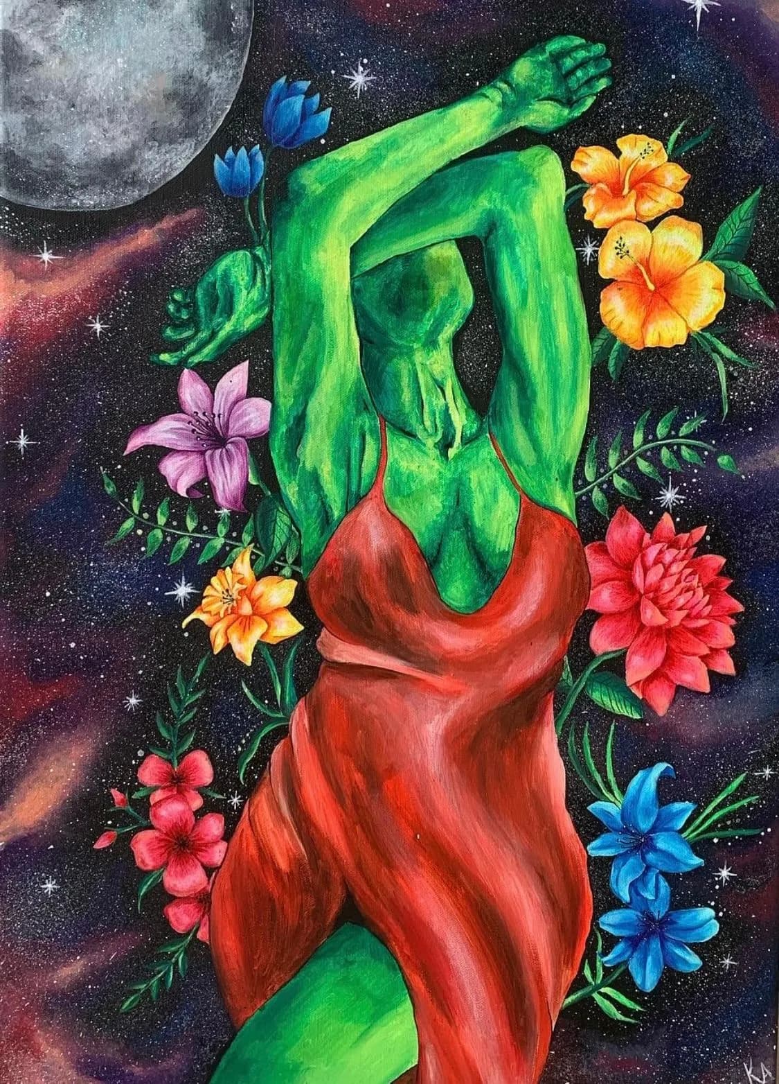 a Miss Nature A green woman in a red dress, standing in space surrounded by flowers. acrylic painting in the Woman collection by Kristina Andersson