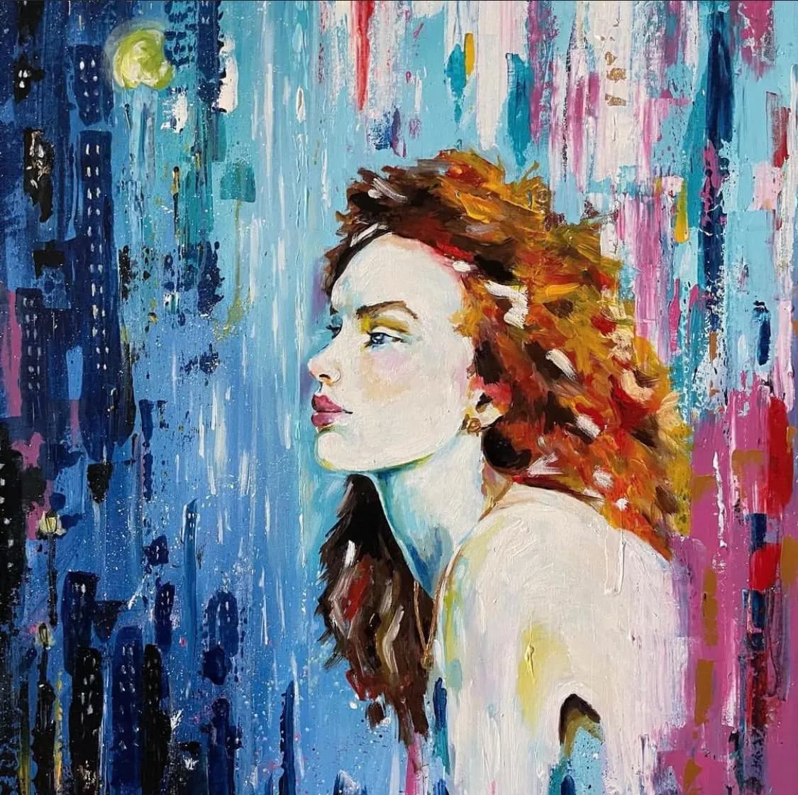 a Aurora A pale woman is gazing at the big city, filled with wonders and questions. acrylic painting in the Woman collection by Kristina Andersson