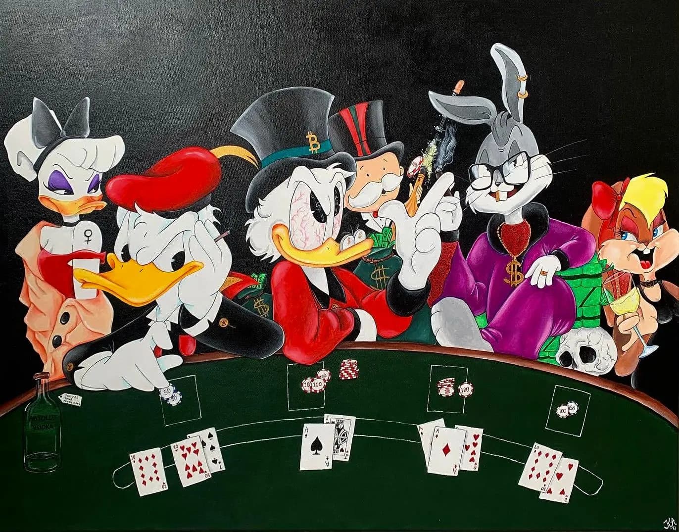 a Black Quack The whole gang is playing Black Jack, and you can clearly see who the winner is… acrylic painting in the Extra To the Seven Deadly Sins collection by Kristina Andersson