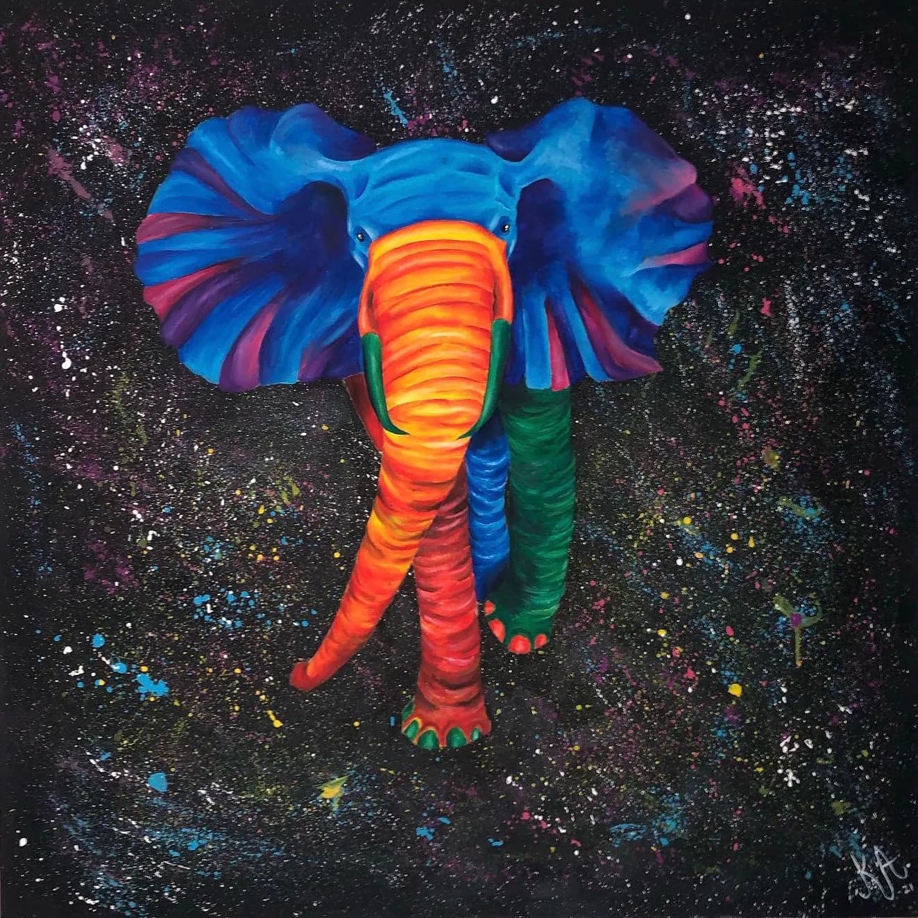 a SpacePhant A colorful elephant walking in space acrylic painting in the Animals collection by Kristina Andersson