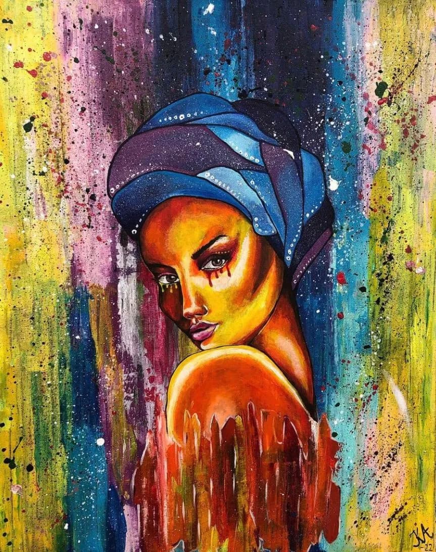 a Zuri An African proud woman with a colorful background. acrylic painting in the Woman collection by Kristina Andersson