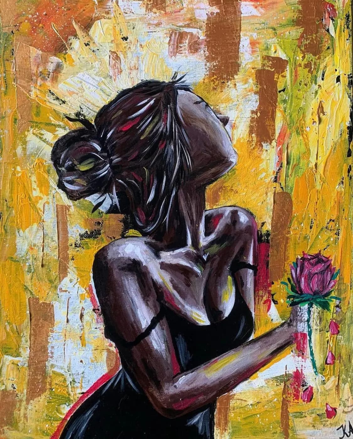 a Rose A woman holding a rose acrylic painting in the Woman collection by Kristina Andersson